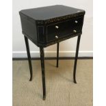 A 19th Century black lacquered and gilt decorated work table, the rising top opening to reveal a