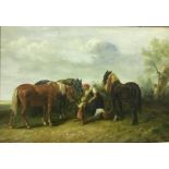 ENGLISH SCHOOL “Gypsy woman with child and horses on a roadway”, oil on board, unsigned, image