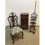 Two 19th Century mahogany salon chairs, a mahogany three tier cake stand, a mahogany pole screen