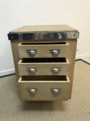 A modern metal bound wooden kitchen island / butcher's block with three drawers, 69.5 cm wide x 69