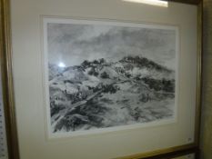 CHAPMAN "Hillside view", landscape study, pen and ink, signed lower right, size including frame