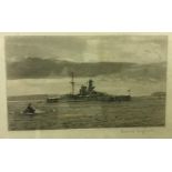 AFTER ROWLAND LANGMAID “Battleship”, black and white etching, signed in pencil to the margin, size