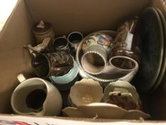 A box containing a Poole pottery bowl and vase, a Sylvac flower head dish No'd. 123 to back, various