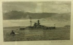 AFTER ROWLAND LANGMAID “Battleship”, black and white etching, signed in pencil to the margin, size
