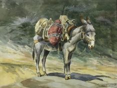 ENGLISH SCHOOL “Laden donkey”, watercolour, indistinctly signed lower right, together with two
