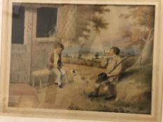 19TH CENTURY ENGLISH SCHOOL “Figures seated by a doorway with landscape unfolding in background”,