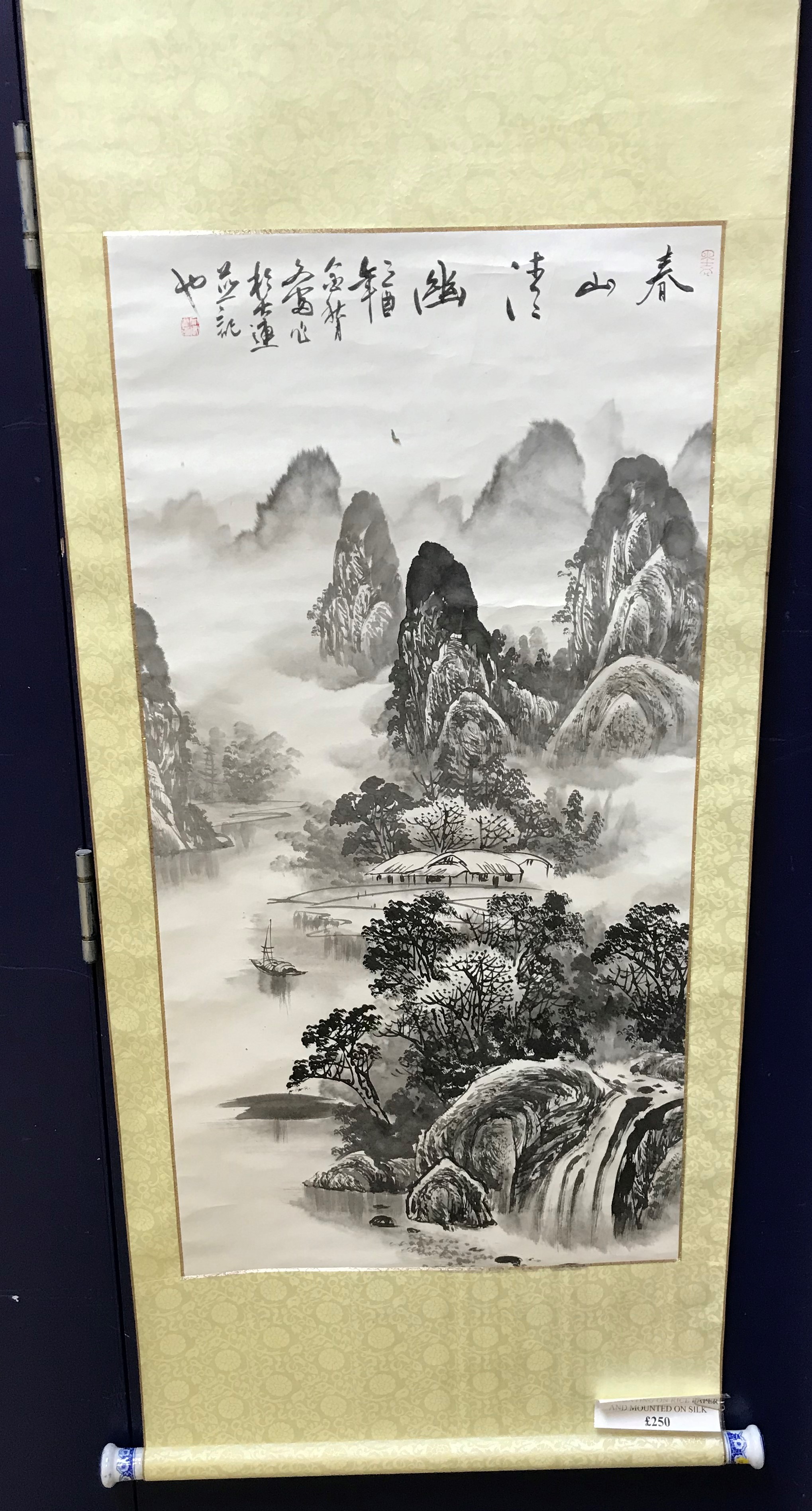 A collection of six various 20th Century Chinese scrolls depicting landscapes with blue and white