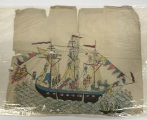 19TH CENTURY JAPANESE SCHOOL “Figures in a large boat”, colour woodblock print, approx. 19 cm x 33.5