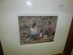 HUGH KIRKWOOD "Picnic on the beach, Isle of Skye", oil on paper, unsigned, 12 cm x 15 cm,