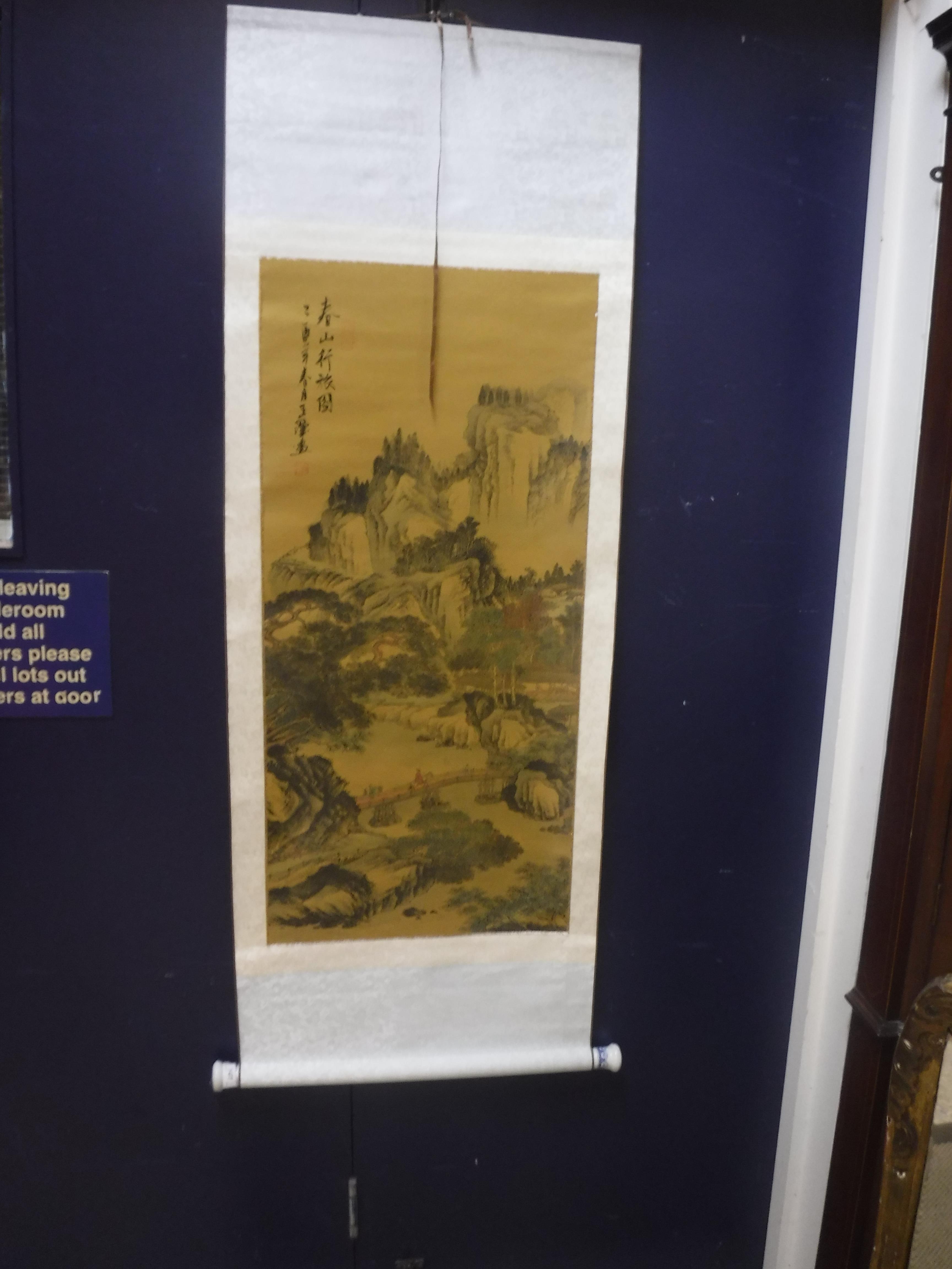 A collection of six various 20th Century Chinese scrolls depicting landscapes with blue and white - Image 3 of 30