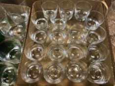 Two boxes of various drinking glasses with bucket-shaped bowls on plain stems to circular feet,