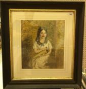 19TH CENTURY ENGLISH SCHOOL "Young girl seated with basket of flowers", pencil watercolour