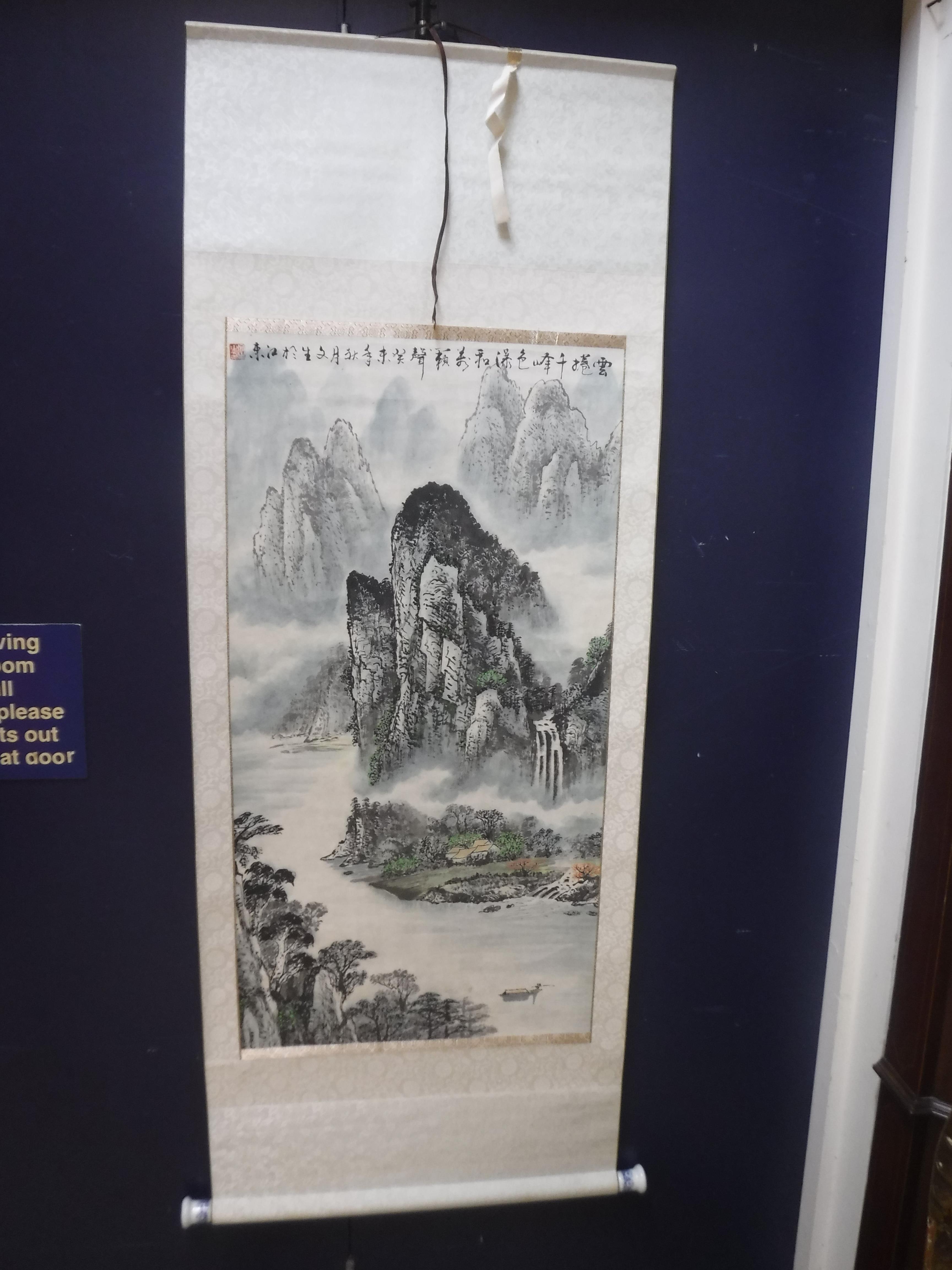 A collection of six various 20th Century Chinese scrolls depicting landscapes with blue and white - Image 2 of 30