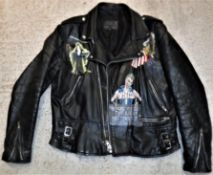A genuine Cow hide motorcycle jacket with painted decoration depicting Led Zep IV hooded figure,