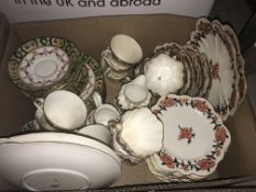 Six boxes of assorted decorative china wares to include transfer decorated dinner wares, Victorian