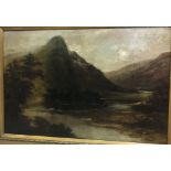 C J BARON ? "Eagle's Nest, Lower Lake, Killarney", landscape study with fisherman in foreground, oil