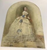 A Victorian porcelain plaque painted with image of young woman in blue and white ball gown