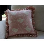 Designer cushion in Lily Pink linen fabric with frill-gifted by Vanessa Arbuthnott Fabrics