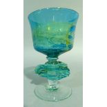 A Mdina large glass goblet of blue, green and yellow colour, the inverted bell shaped bowl on a