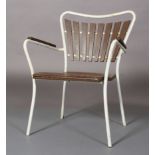 A white tubular metal open armchair, c.1955-60s teak slatted back and seat