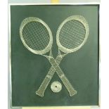 A pin and wire picture of crossed tennis racquets and ball on a black ground, c.1970s, 72cm x 63cm