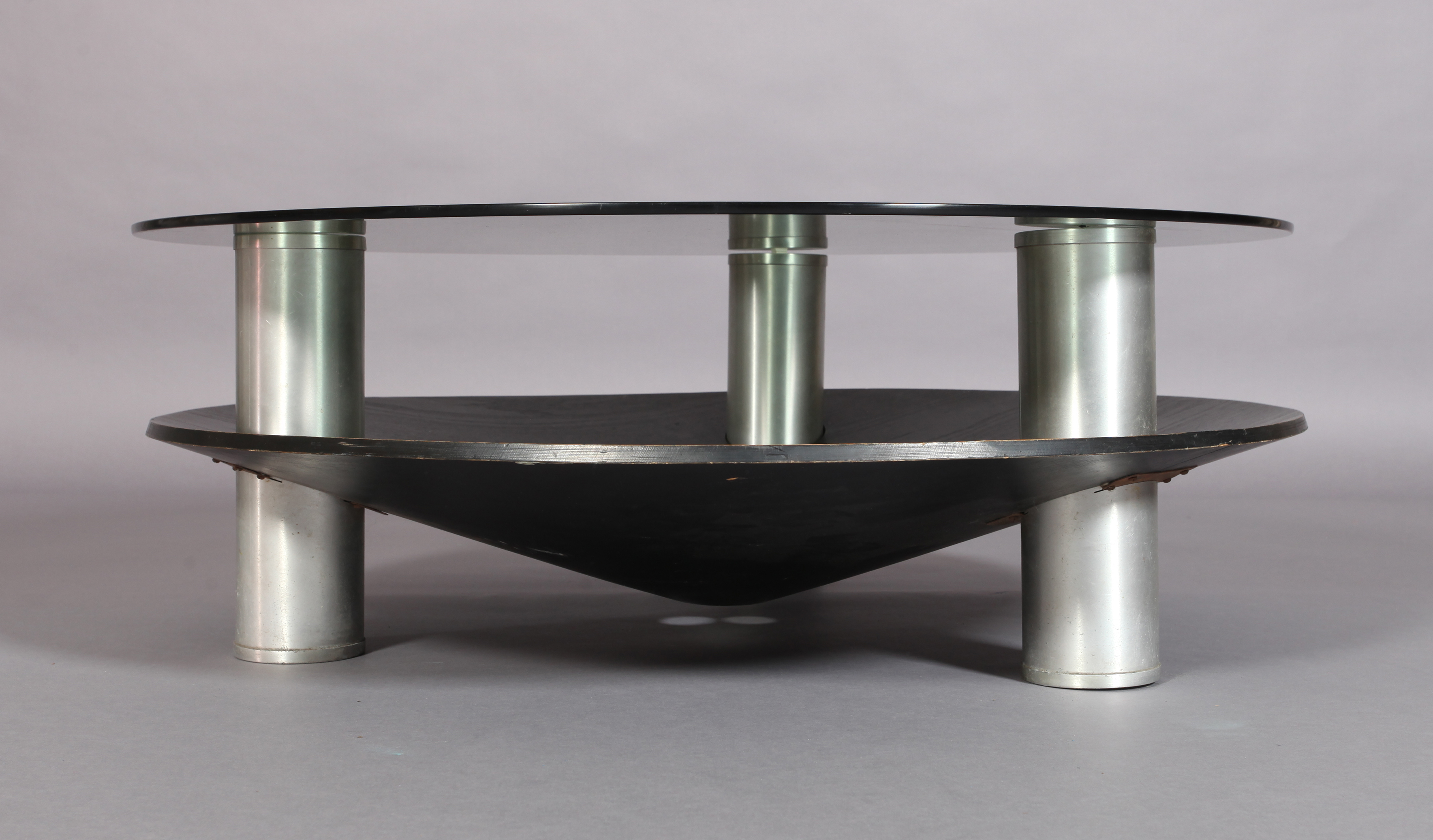 A circular two tier coffee table, the smoked glass top supported on three cylindrical aluminum - Image 3 of 4