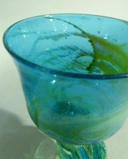 A Mdina large glass goblet of blue, green and yellow colour, the inverted bell shaped bowl on a - Image 5 of 9