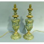 A pair of painted marble-effect wooden table lamps of urn shape, on circular stepped base, 51.5cm (