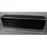 Belgo Chrom Design, a four door black glass and brushed steel sideboard, interior glass shelves,