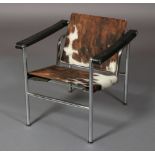 LCI Armchair Le Corbusier style, chrome tubular framed open armchair, leather arms, cowhide seat and