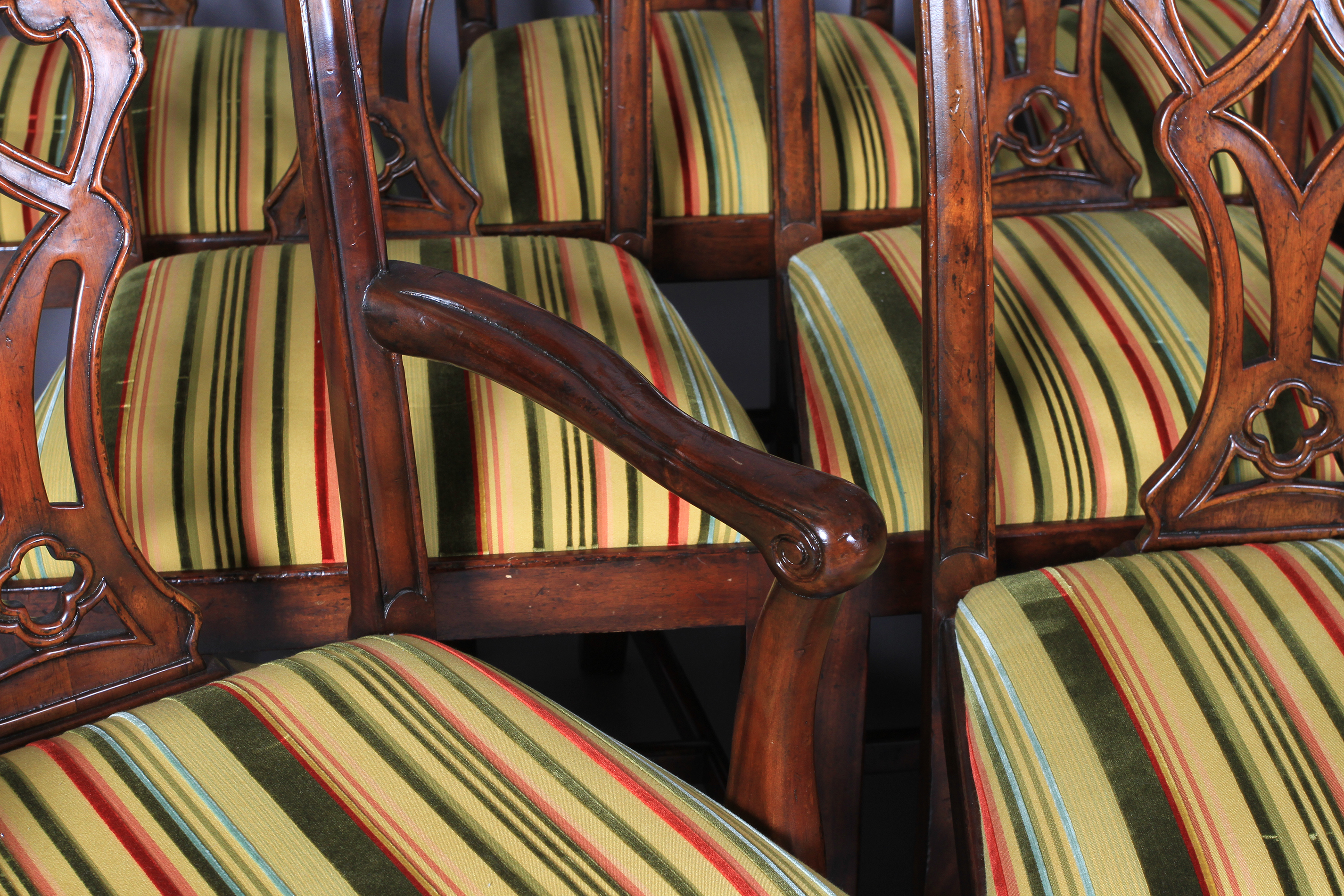 A set of ten hardwood dining chairs of mid 18th century design, having a striped velvet and flat - Image 3 of 4