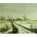 Cliff Barnett (Mid 20th century), Snow covered farmstead and fields , oil on canvas, signed and