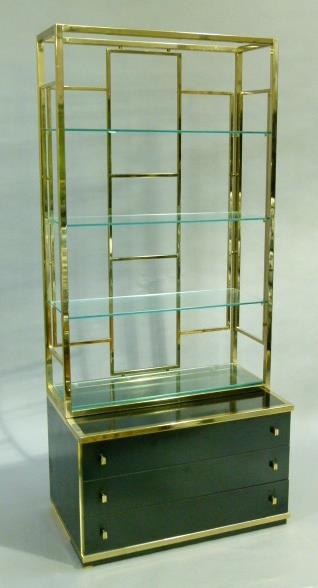 Renato Zevi, Italy c.1970s, a gilt metal open frame display cabinet with glass shelves above three