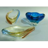 Blue and clear cased glass bowl with wavy rim, 15cm high; together with an elongated bowl and basket