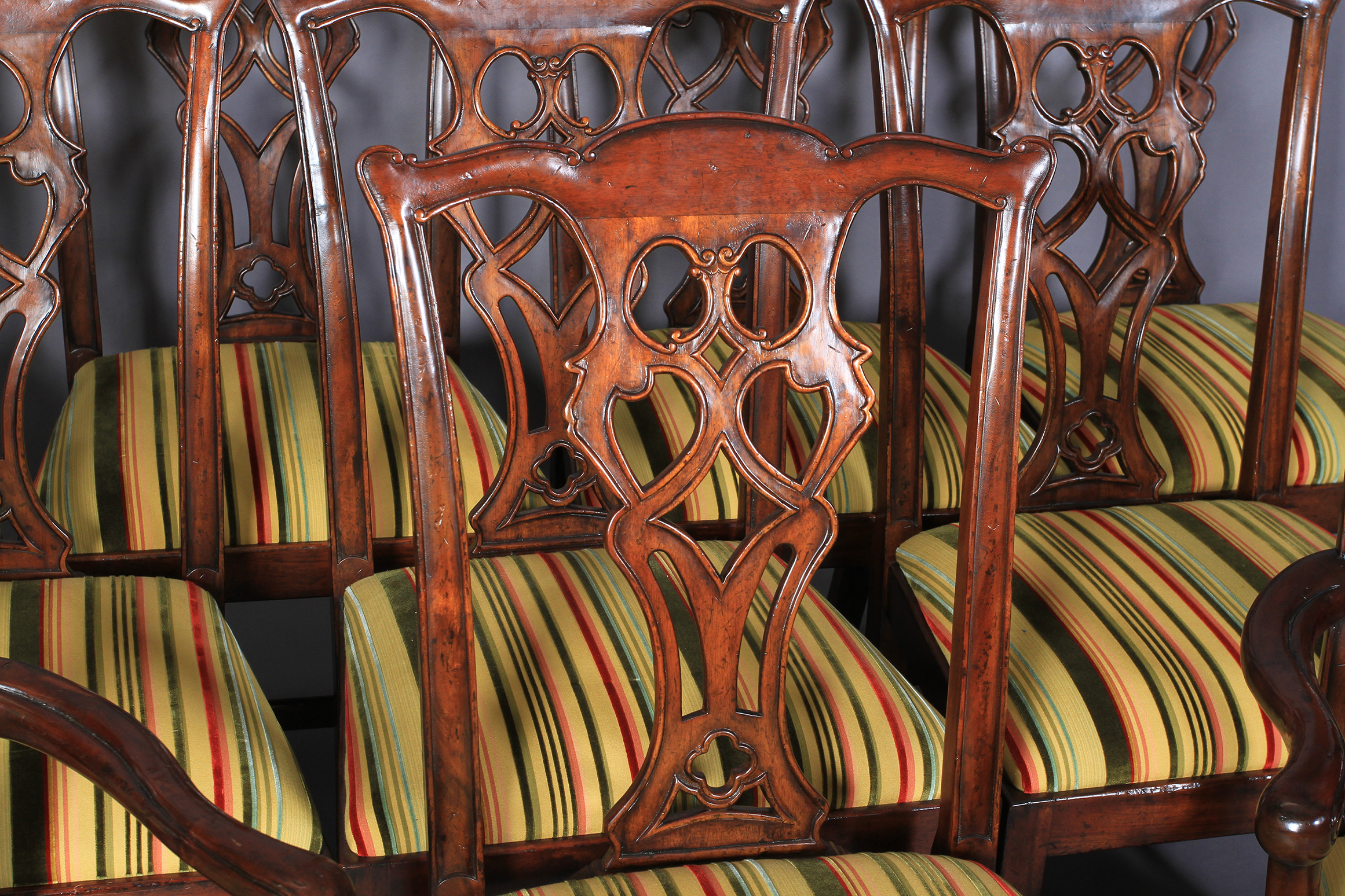 A set of ten hardwood dining chairs of mid 18th century design, having a striped velvet and flat - Image 4 of 4