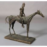 Horse and rider, bronzed metal, wire and mesh sculpture, on rectangular plinth, 66cm high x 53cm