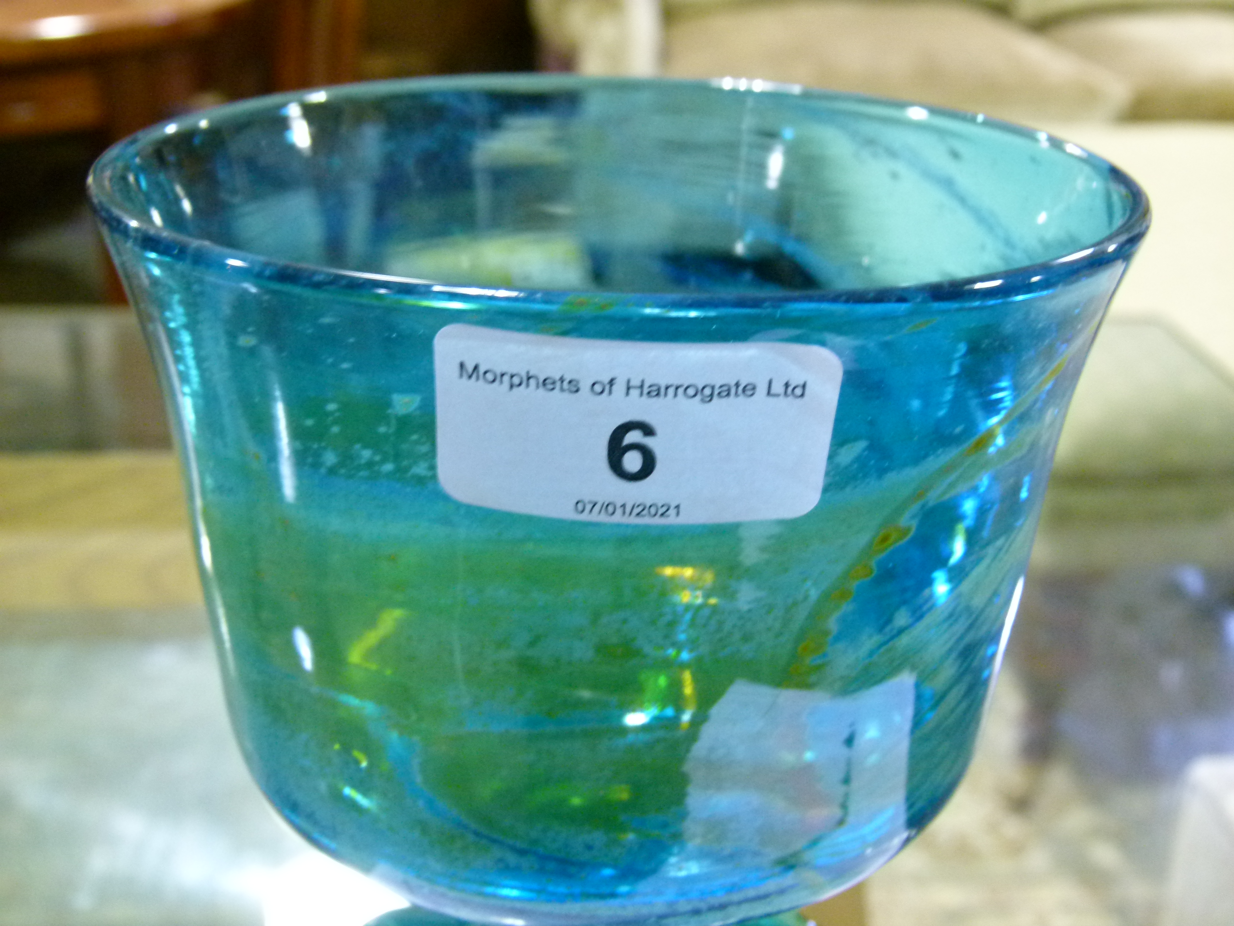 A Mdina large glass goblet of blue, green and yellow colour, the inverted bell shaped bowl on a - Image 6 of 9