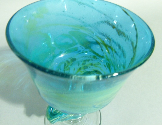 A Mdina large glass goblet of blue, green and yellow colour, the inverted bell shaped bowl on a - Image 2 of 9