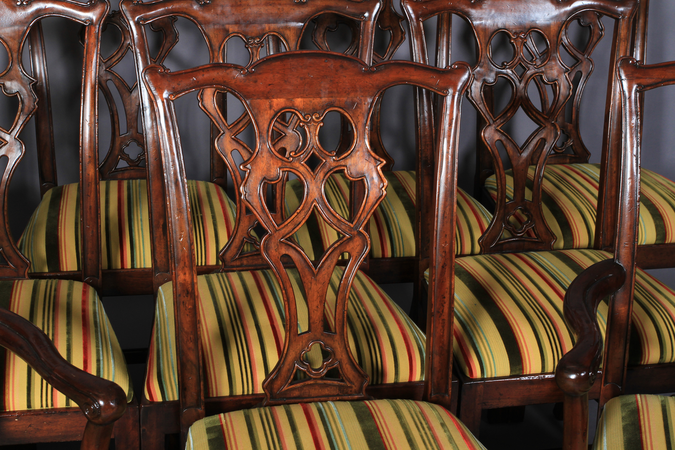 A set of ten hardwood dining chairs of mid 18th century design, having a striped velvet and flat - Image 2 of 4