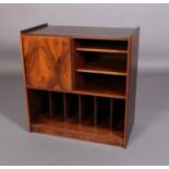 A rosewood veneered audio cabinet, the top above a single door cupboard, flanked by adjustable
