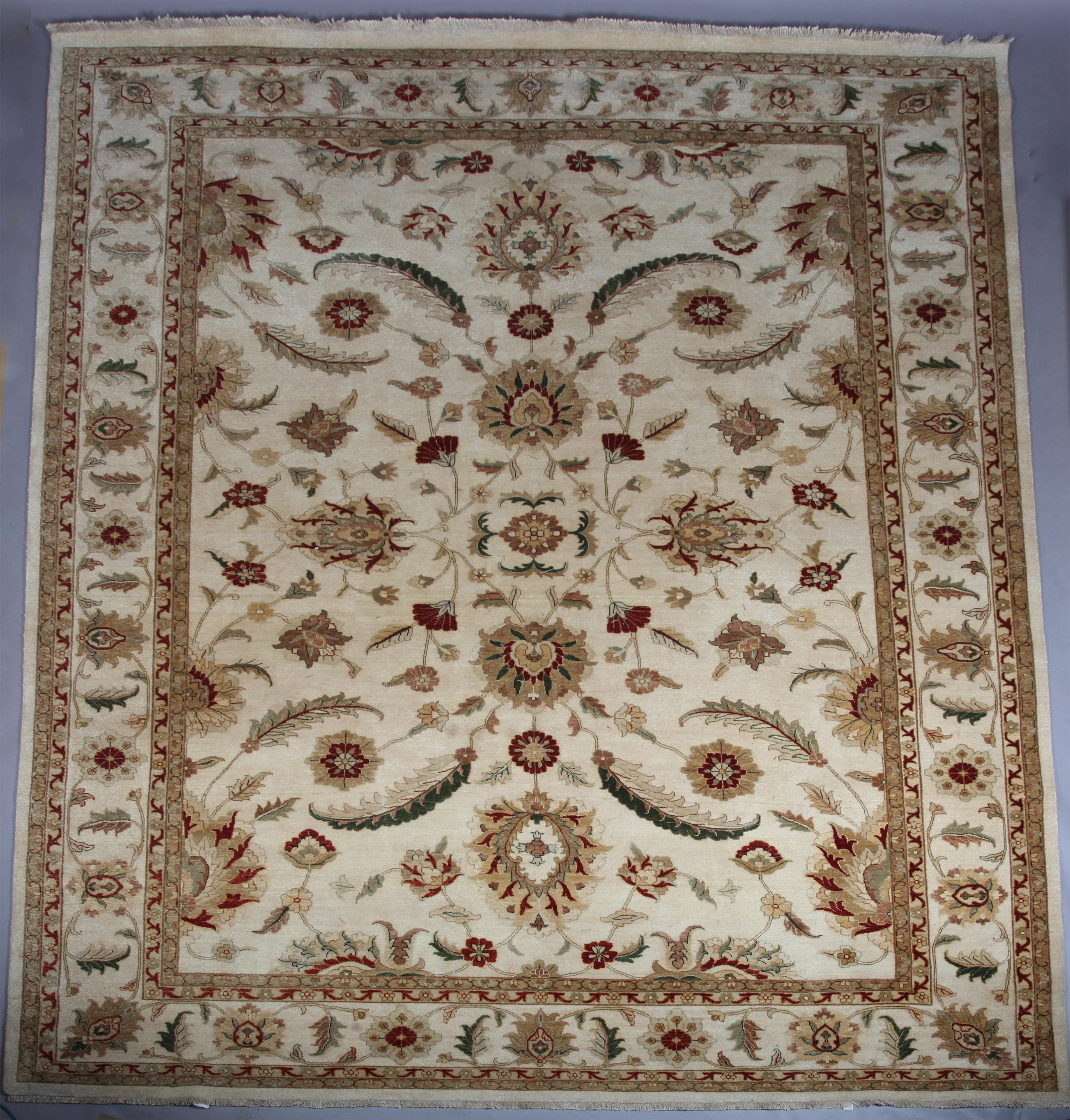 An Indian wool Bhadoi carpet, hand spun merino and local Indian wool on cotton warp and weft, the