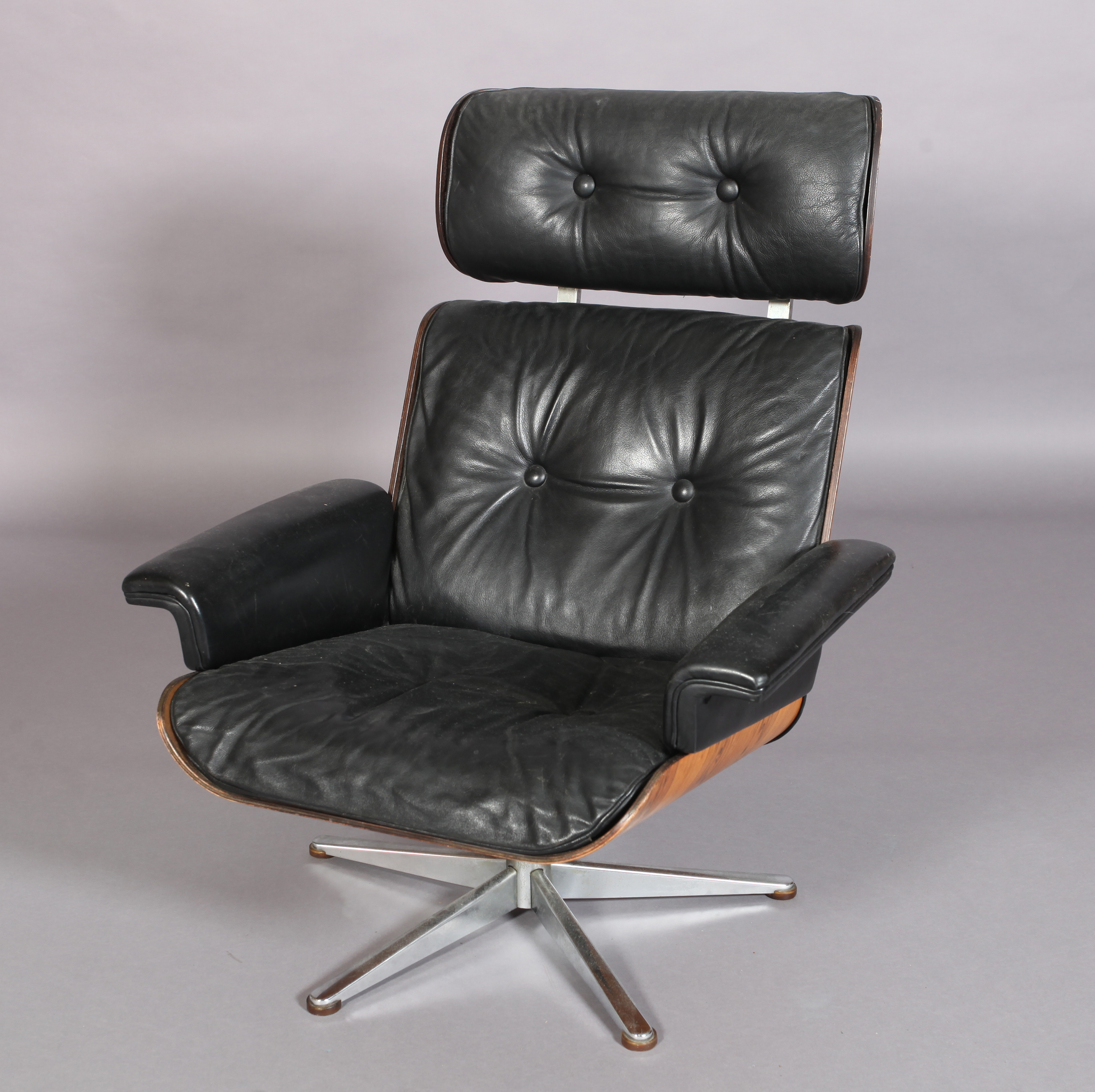 Style of Eames, Lounge Chair, c.1980/1990s, rosewood, button black leather - Image 2 of 19