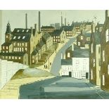 Cliff Barnett (Mid 20th century), Industrial town scene with factories and terraced houses, oil on