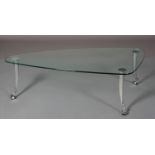 Rolf Benz - a glass and brushed aluminium coffee table, rounded triangular form on swept legs and