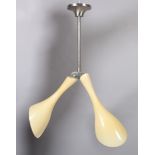 A Murano glass ceiling light for Vistosi, the beige cased white glass shades of cut 'bud' form