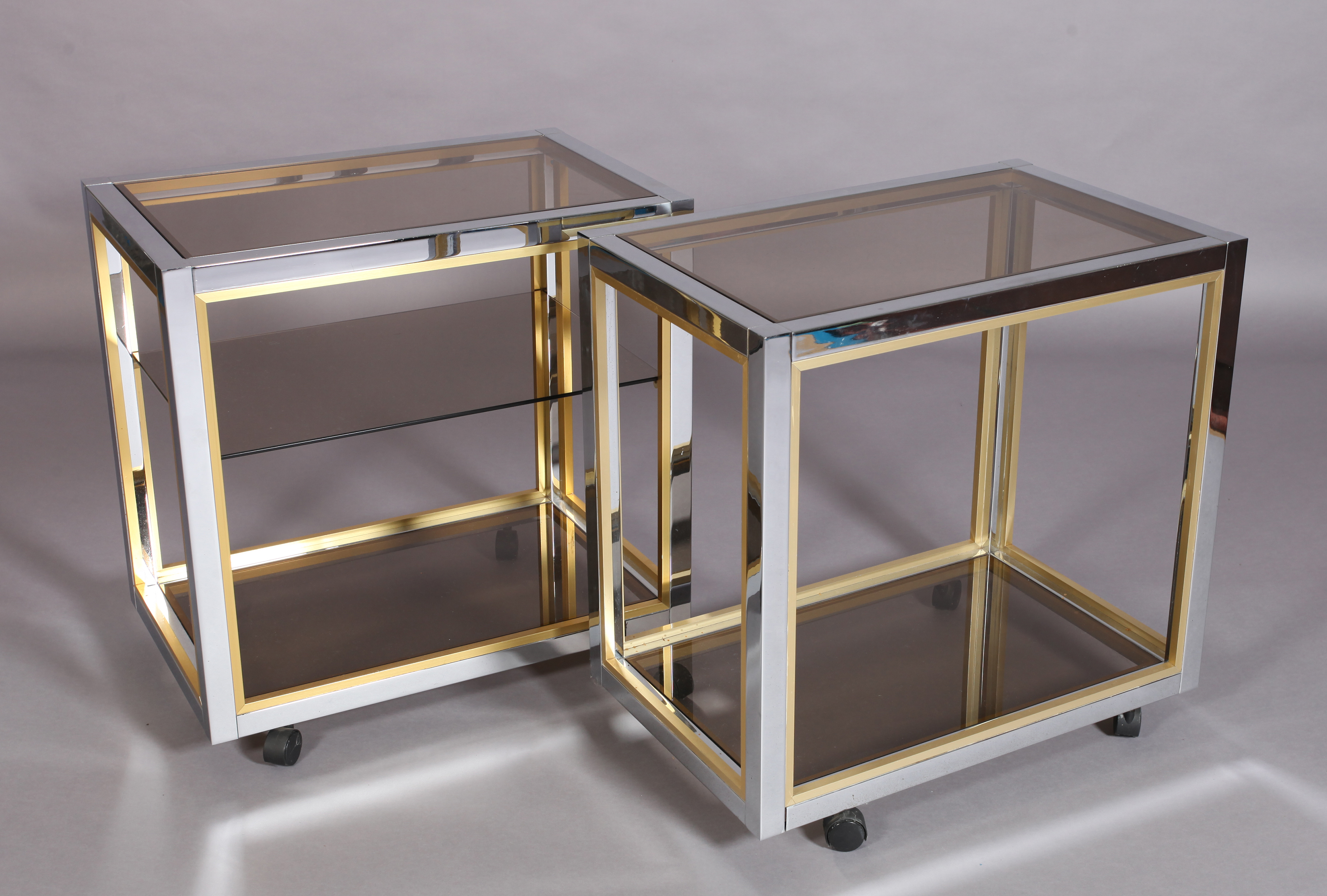 A pair of vintage brass and chromium plated drinks trolleys with smoked glass shelves, one with - Image 2 of 4