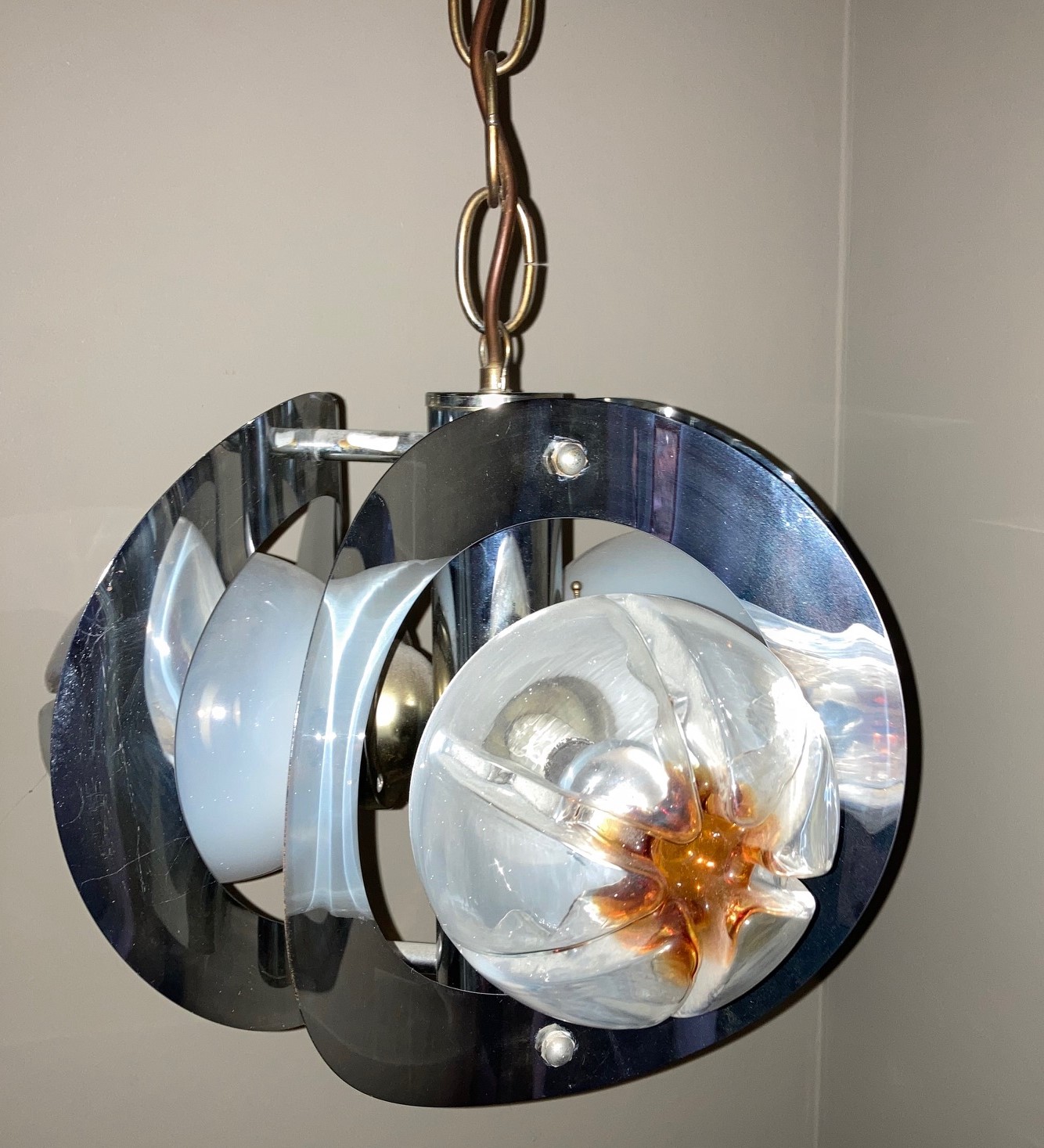 A French chromium plated light fitting of concave circular pierced discs fitted with moulded glass - Image 2 of 3