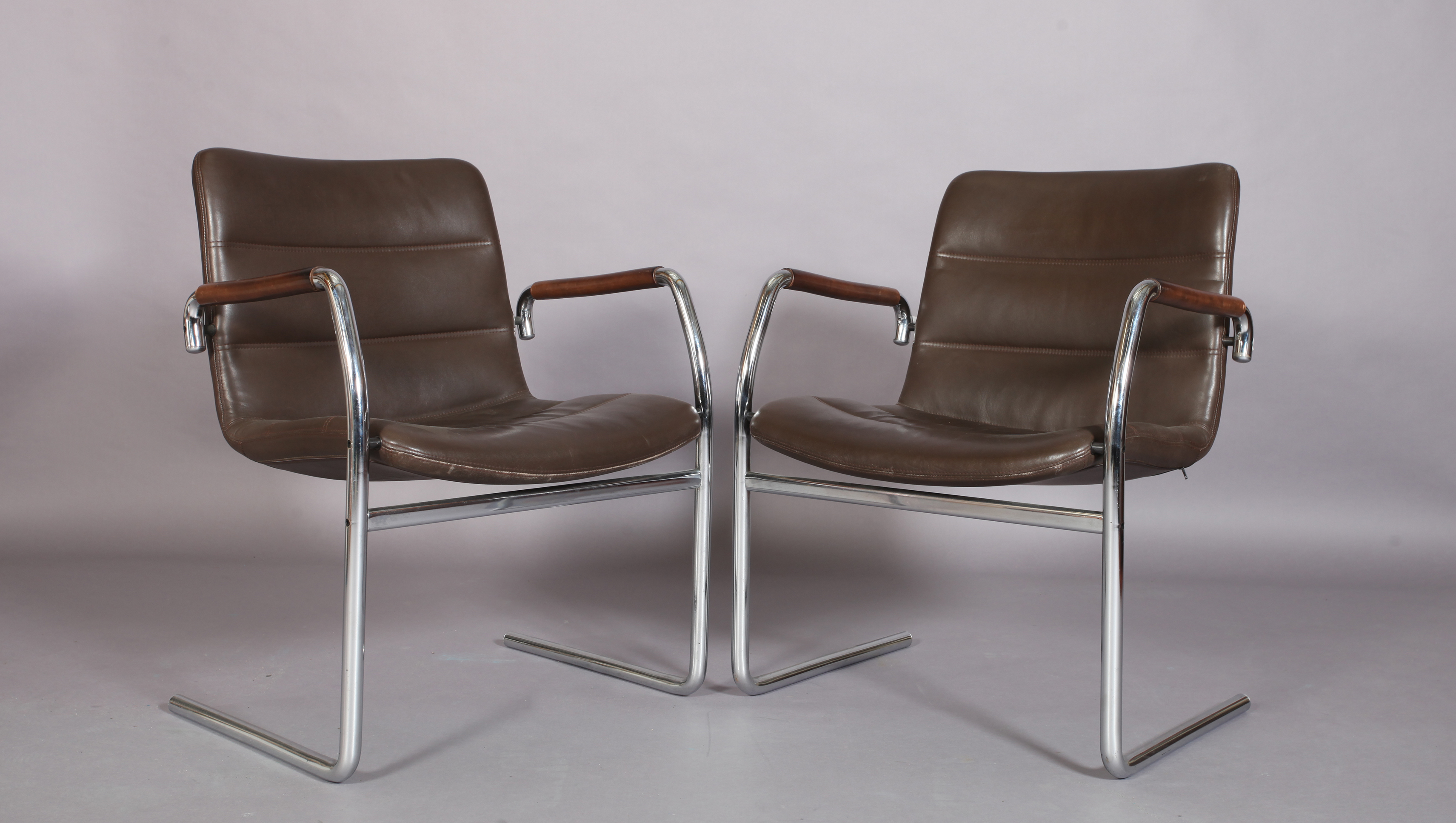 A pair of brown leather and tubular chrome cantilever armchairs c.1970/80s - Image 2 of 3