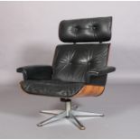 Style of Eames, Lounge Chair, c.1980/1990s, rosewood, button black leather
