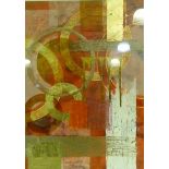 Abstract of circles and square in burnt orange, salmon, white and gold, mixed media, indistinctly